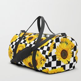 Yellow Sunflower Floral with Black and White Checkered Summer Print Duffle Bag