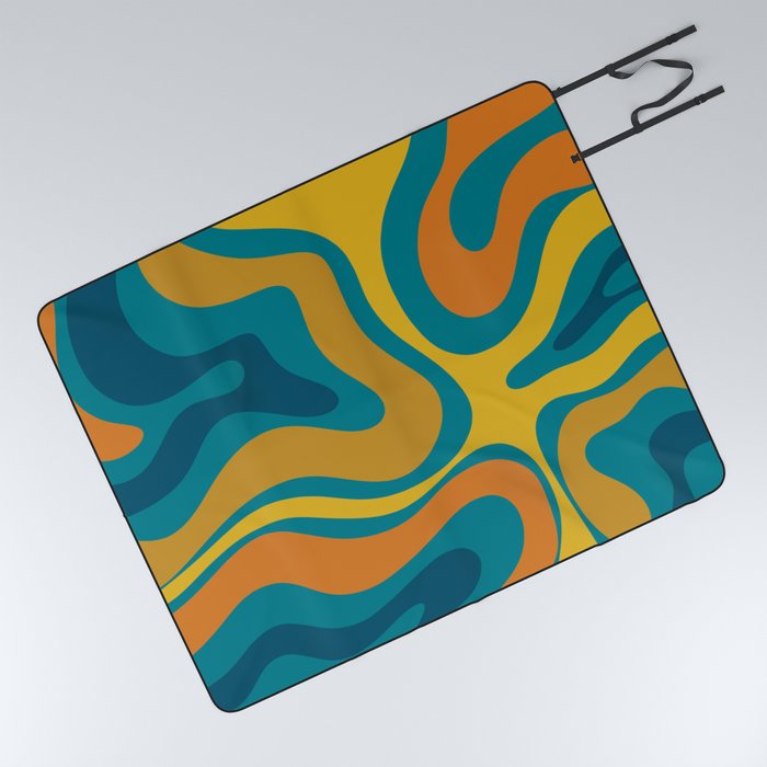 Modern Retro Liquid Swirl Abstract Pattern in Moroccan Teal Blue, Mustard, and Orange Picnic Blanket