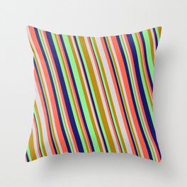 [ Thumbnail: Midnight Blue, Red, Light Grey, Dark Goldenrod & Light Green Colored Lined/Striped Pattern Throw Pillow ]