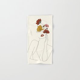 Colorful Thoughts Minimal Line Art Woman with Flowers Hand & Bath Towel