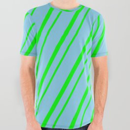 [ Thumbnail: Sky Blue & Lime Colored Striped Pattern All Over Graphic Tee ]