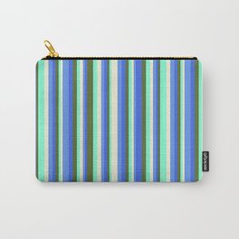 [ Thumbnail: Eyecatching Dark Olive Green, Royal Blue, Cornflower Blue, Beige, Aquamarine Colored Stripes Pattern Carry-All Pouch ]