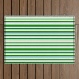 [ Thumbnail: Light Yellow, Green, and Light Blue Colored Lined/Striped Pattern Outdoor Rug ]