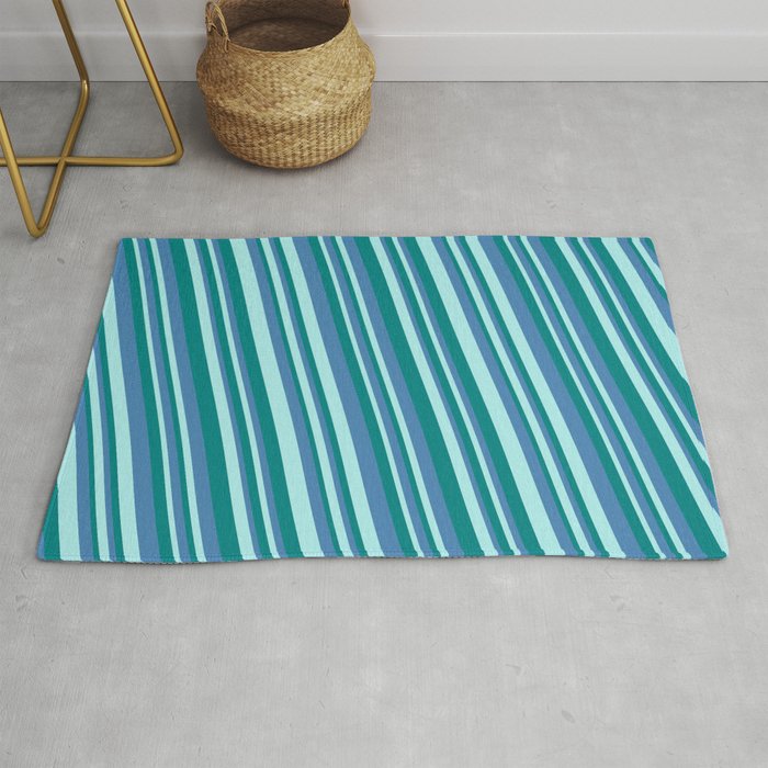 Turquoise, Teal, and Blue Colored Lined/Striped Pattern Rug