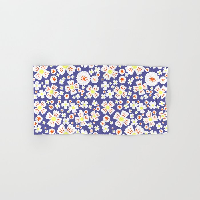 Retro Yellow Daisy Flowers On Deep Periwinkle Blue Cheerful Mini Daisies Ditzy Floral Pattern Hand & Bath Towel