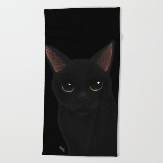 Black cat in black Beach Towel