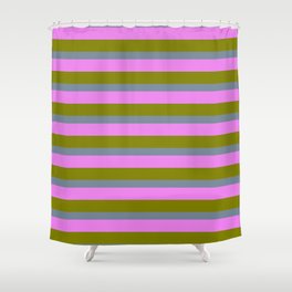 [ Thumbnail: Green, Light Slate Gray, and Violet Colored Lines Pattern Shower Curtain ]