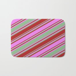 [ Thumbnail: Dark Sea Green, Red, and Violet Colored Stripes Pattern Bath Mat ]