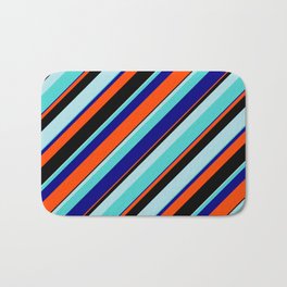 [ Thumbnail: Eye-catching Powder Blue, Turquoise, Blue, Red, and Black Colored Lined/Striped Pattern Bath Mat ]