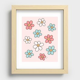 Happy Daisy Pattern, Cute and Fun Smiling Colorful Daisies Recessed Framed Print
