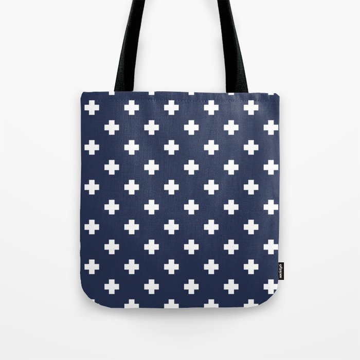 White Swiss Cross Pattern on Navy Blue background Tote Bag