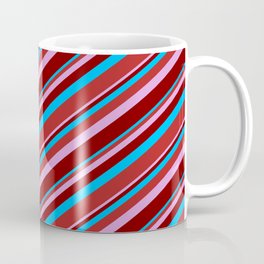 [ Thumbnail: Deep Sky Blue, Red, Plum & Maroon Colored Lined/Striped Pattern Coffee Mug ]