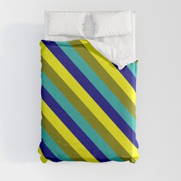 [ Thumbnail: Yellow, Green, Light Sea Green, and Blue Colored Striped Pattern Duvet Cover ]
