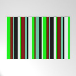[ Thumbnail: Eyecatching Aquamarine, Maroon, Lime, Mint Cream & Black Colored Lined/Striped Pattern Welcome Mat ]