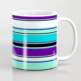 [ Thumbnail: Mint Cream, Dark Turquoise, Indigo, Aquamarine, and Black Colored Striped/Lined Pattern Coffee Mug ]