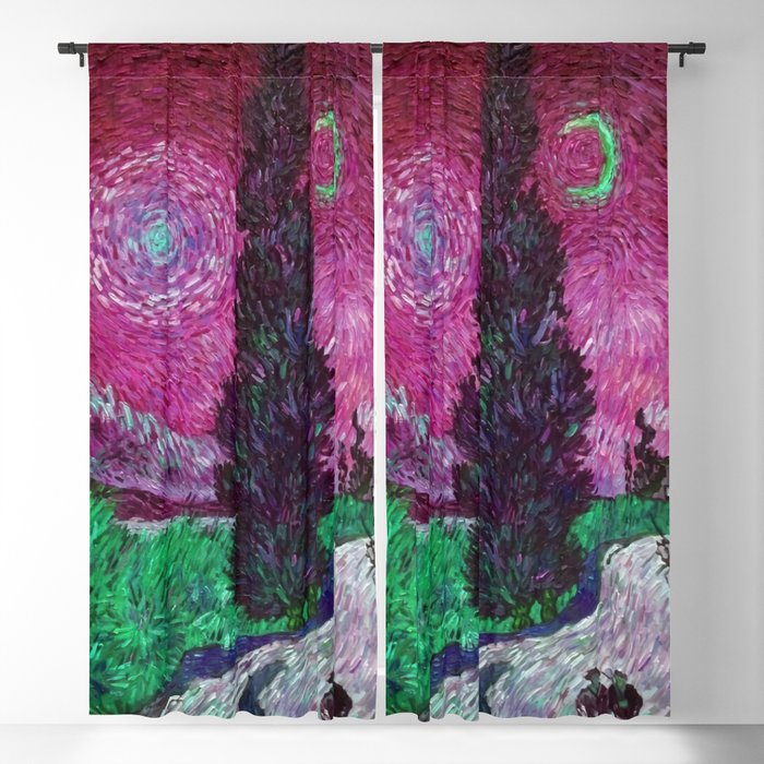 Road with Cypress and Star; Country Road in Provence by Night, oil-on-canvas post-impressionist landscape painting by Vincent van Gogh in alternate pink twilight sky Blackout Curtain