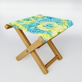 Blue and Yellow Abstract 5622 Modern Alcohol Ink Painting by Herzart Folding Stool