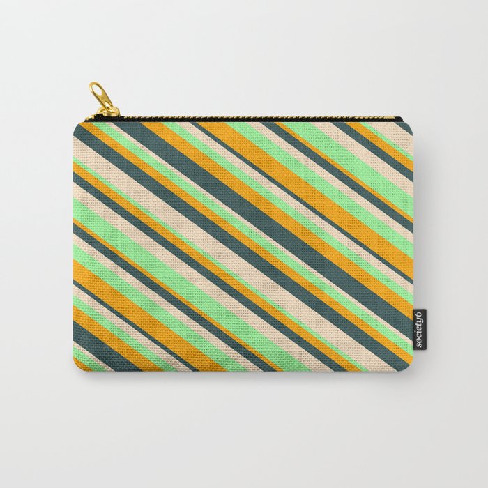 Orange, Dark Slate Gray, Bisque, and Green Colored Lined/Striped Pattern Carry-All Pouch