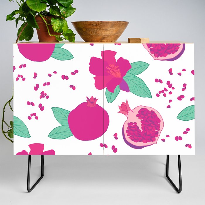 Pomegranate flower and fruit bright pink and green pattern Credenza