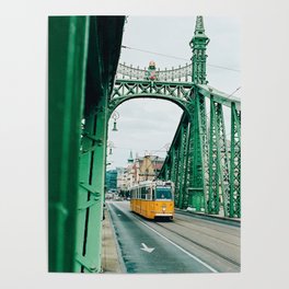 Yellow tram on green bridge in Budapest, Hungary | Travel Photography, film photography Art Print  Poster