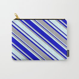 [ Thumbnail: Blue, Dark Grey & Light Cyan Colored Pattern of Stripes Carry-All Pouch ]