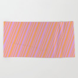 [ Thumbnail: Plum & Brown Colored Stripes/Lines Pattern Beach Towel ]