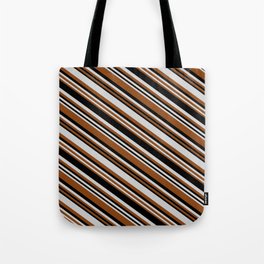 [ Thumbnail: Light Grey, Brown, and Black Colored Lines/Stripes Pattern Tote Bag ]