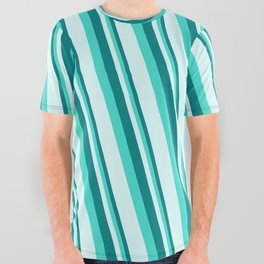 [ Thumbnail: Teal, Turquoise, and Light Cyan Colored Stripes Pattern All Over Graphic Tee ]