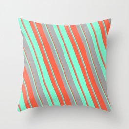 [ Thumbnail: Red, Aquamarine, and Dark Grey Colored Lined/Striped Pattern Throw Pillow ]