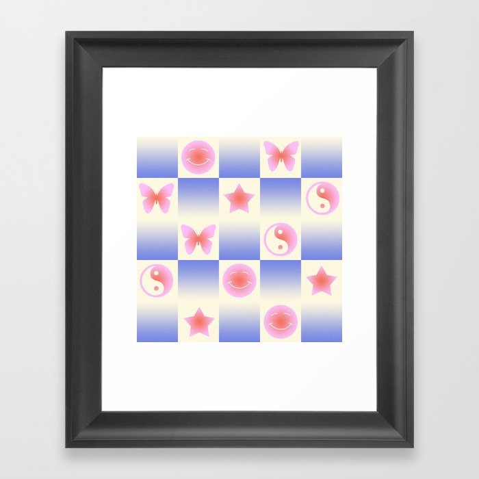 Checkered Symbols (YIN YANG/BUTTERFLY/SMILEY FACE/STAR) Framed Art Print