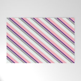 [ Thumbnail: Indigo, Dark Grey, Mint Cream, and Light Pink Colored Lines Pattern Welcome Mat ]