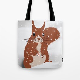 Red squirrel in the winter snow with white snowflakes cute home decor nursery drawing Tote Bag