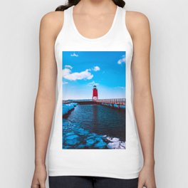 Winter day at the Charlevoix Michigan Lighthouse Unisex Tank Top