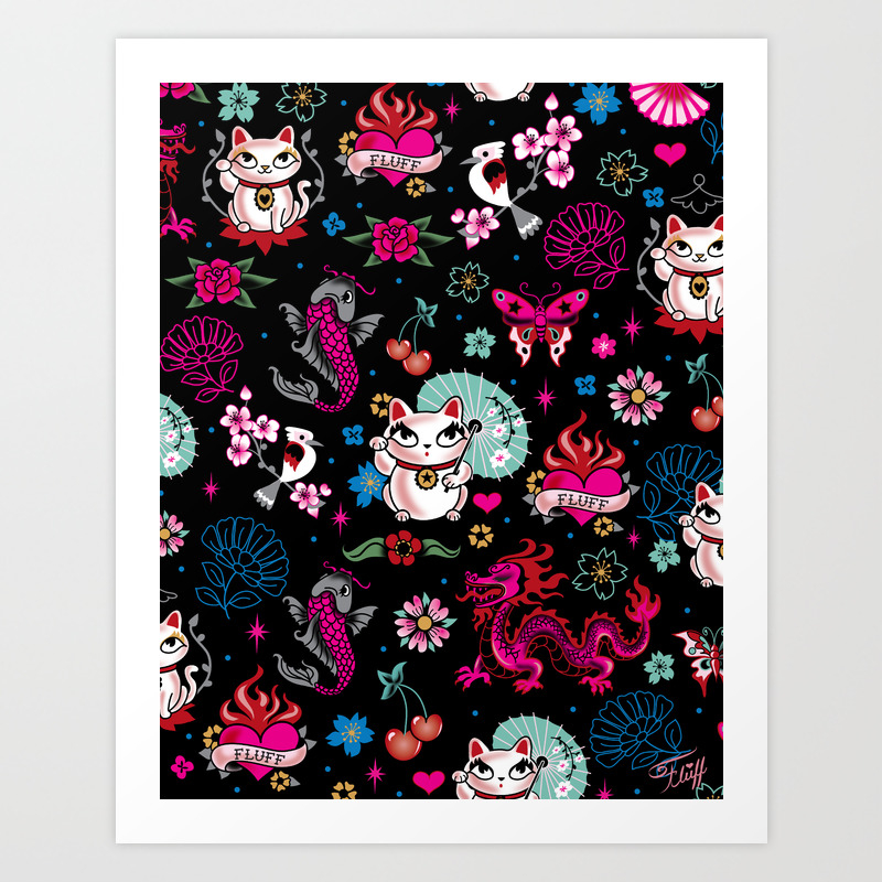 Lucky Cat Maneki Neko Dragons And Koi Fish Art Print By Fluffshop Society6