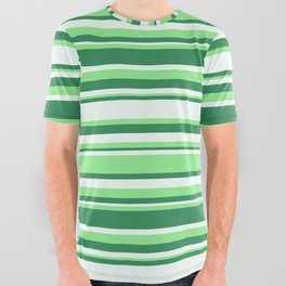 [ Thumbnail: Light Green, Sea Green & Mint Cream Colored Striped Pattern All Over Graphic Tee ]