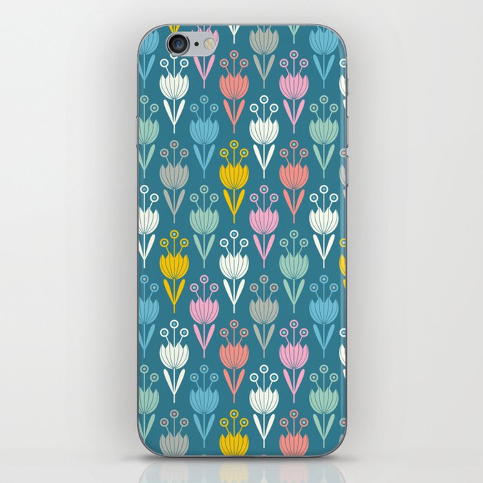 SPRING TULIPS FLORAL PATTERN on BLUE BACKGROUND iPhone Skin