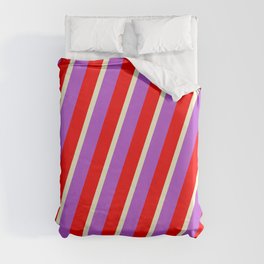 [ Thumbnail: Orchid, Red & Light Yellow Colored Lined/Striped Pattern Duvet Cover ]