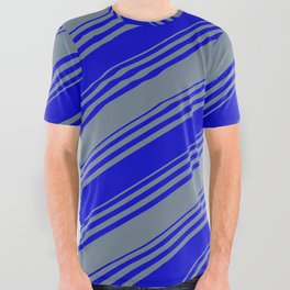 [ Thumbnail: Blue & Slate Gray Colored Stripes Pattern All Over Graphic Tee ]