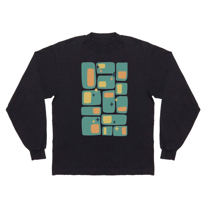 Mid Century Funky Squares and Stars in Teal, Orange and Yellow Long Sleeve T Shirt