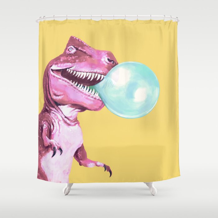Bubble Gum Pink T-rex in Yellow Shower Curtain