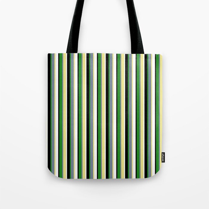 Eyecatching Tan, Light Slate Gray, Forest Green, Black, and White Colored Lined/Striped Pattern Tote Bag