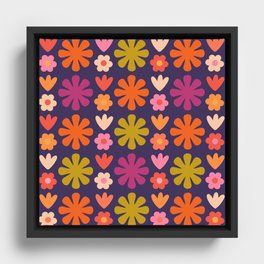 Scandi Floral Grid Retro 60s 70s Flower Pattern Purple Orange Lime Framed Canvas