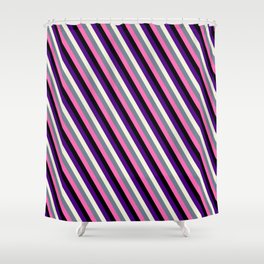 [ Thumbnail: Vibrant Indigo, Beige, Slate Gray, Hot Pink, and Black Colored Striped/Lined Pattern Shower Curtain ]