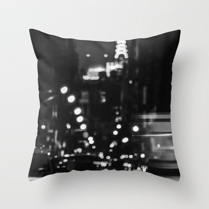 New York City Manhattan skyline at night in SoHo black and white Throw Pillow