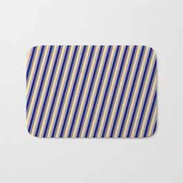 [ Thumbnail: Blue, Gray, Tan & Dark Gray Colored Striped Pattern Bath Mat ]