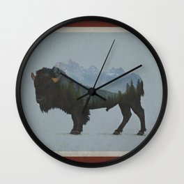 Wyoming Bison Flag Wall Clock | Yellowstone, Animal, Digital Manipulation, Wyoming, Bison, Grandteton, Buffalo, Mountains, Digital, Flag 