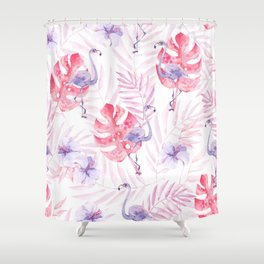 Cute abstract tropical watercolor hand painted illustration pattern with flamingo palm leaves Shower Curtain
