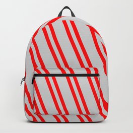 [ Thumbnail: Light Gray and Red Colored Striped Pattern Backpack ]