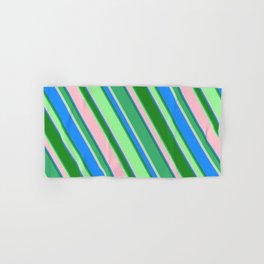 [ Thumbnail: Eye-catching Forest Green, Sea Green, Green, Pink & Blue Colored Lined/Striped Pattern Hand & Bath Towel ]