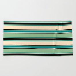 [ Thumbnail: Dark Sea Green, Dark Cyan, Bisque, and Black Colored Striped Pattern Beach Towel ]